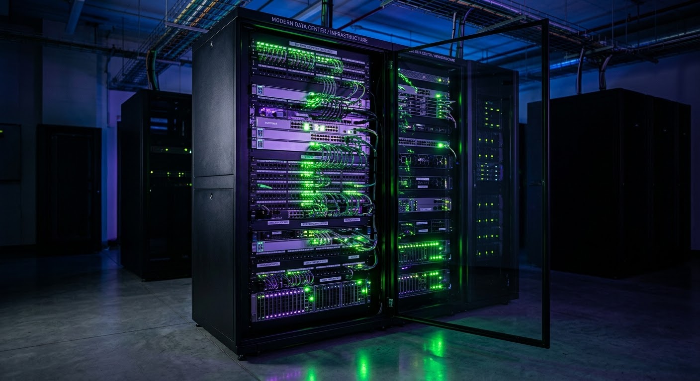 Racked servers and network gear lit by green cabling in a modern data center